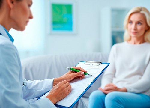 Консультация с врачом Пациент и врач сидят напротив друг друга